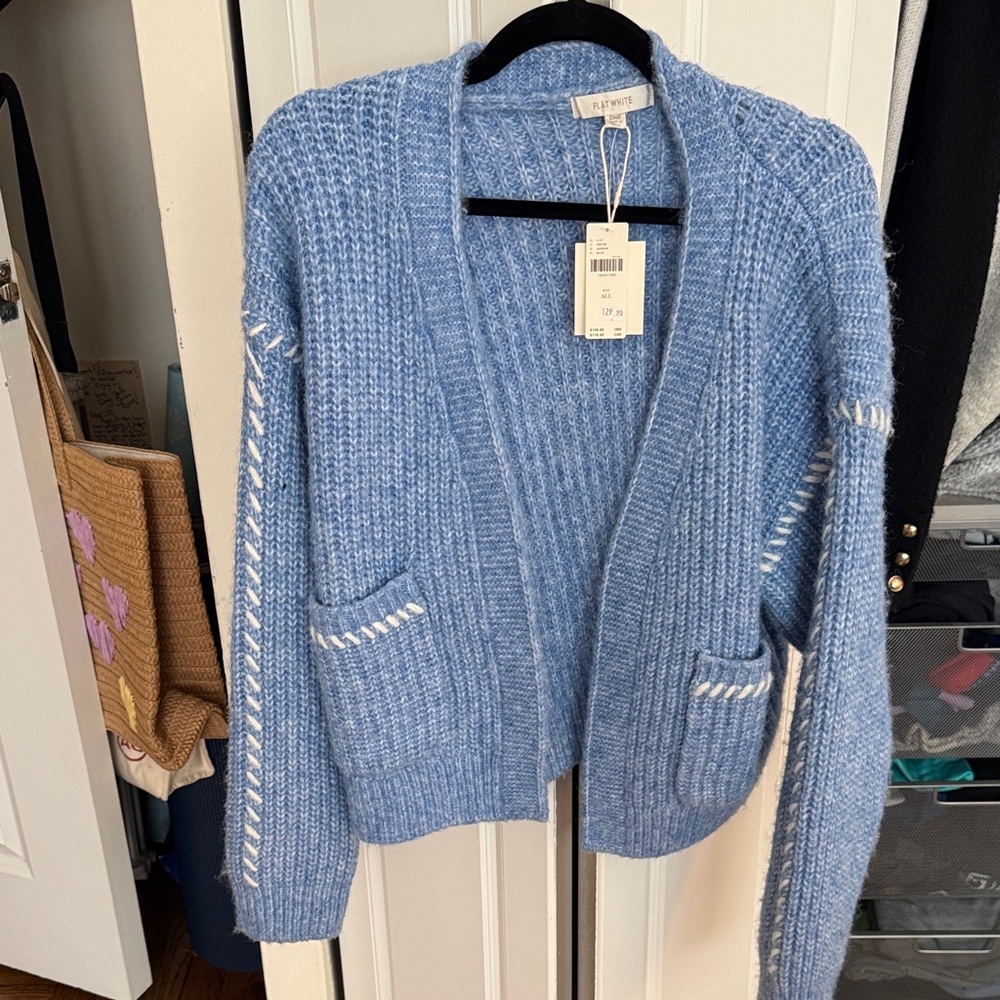 Anthropologie NWT Flat White Stitched Cardigan Sweater Blue